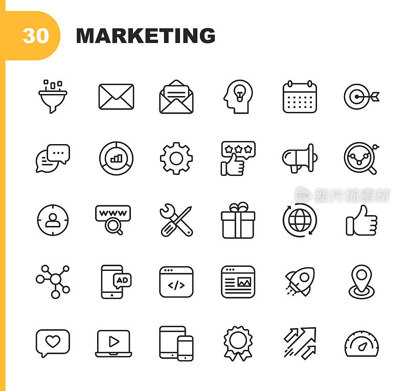Marketing Line Icons. Editable Stroke. Pixel Perfect. For Mobile and Web. Contains such icons as Email Marketing, Social Media, Advertising, Start Up, Like Button, Video Ads, Global Business.